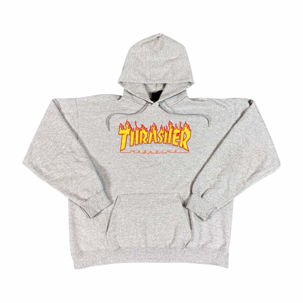 Vintage Y2K Thrasher Men’s Skater Gray Pullover Hoodie Flame Logo Graphic Size L